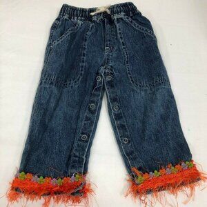Girls CHEROKEE Denim Jeans Pants Elastic waist 12M Floral Fringe Orange Snaps